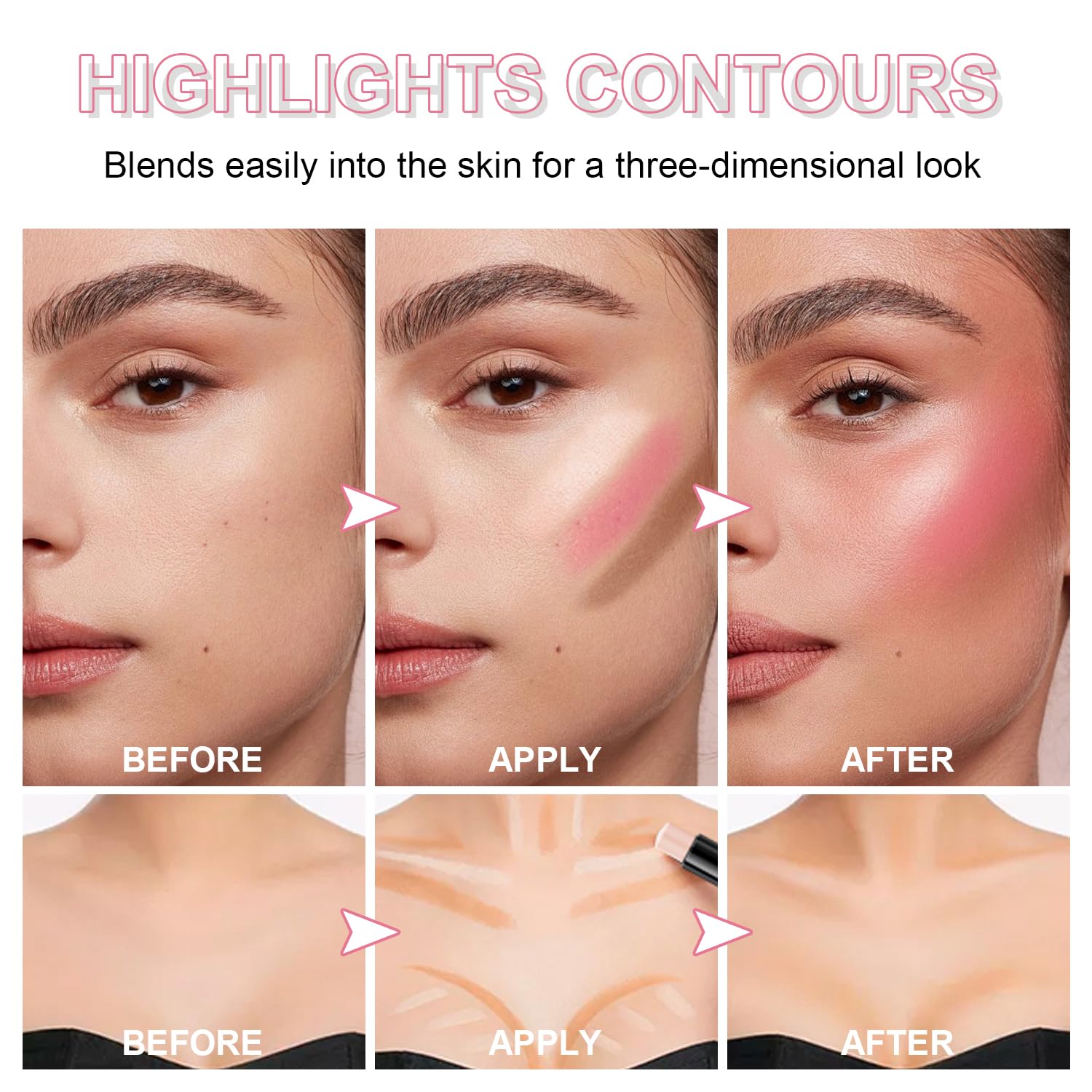 Scarman highlighter glow on cheekbone provides luminous, dewy finish.