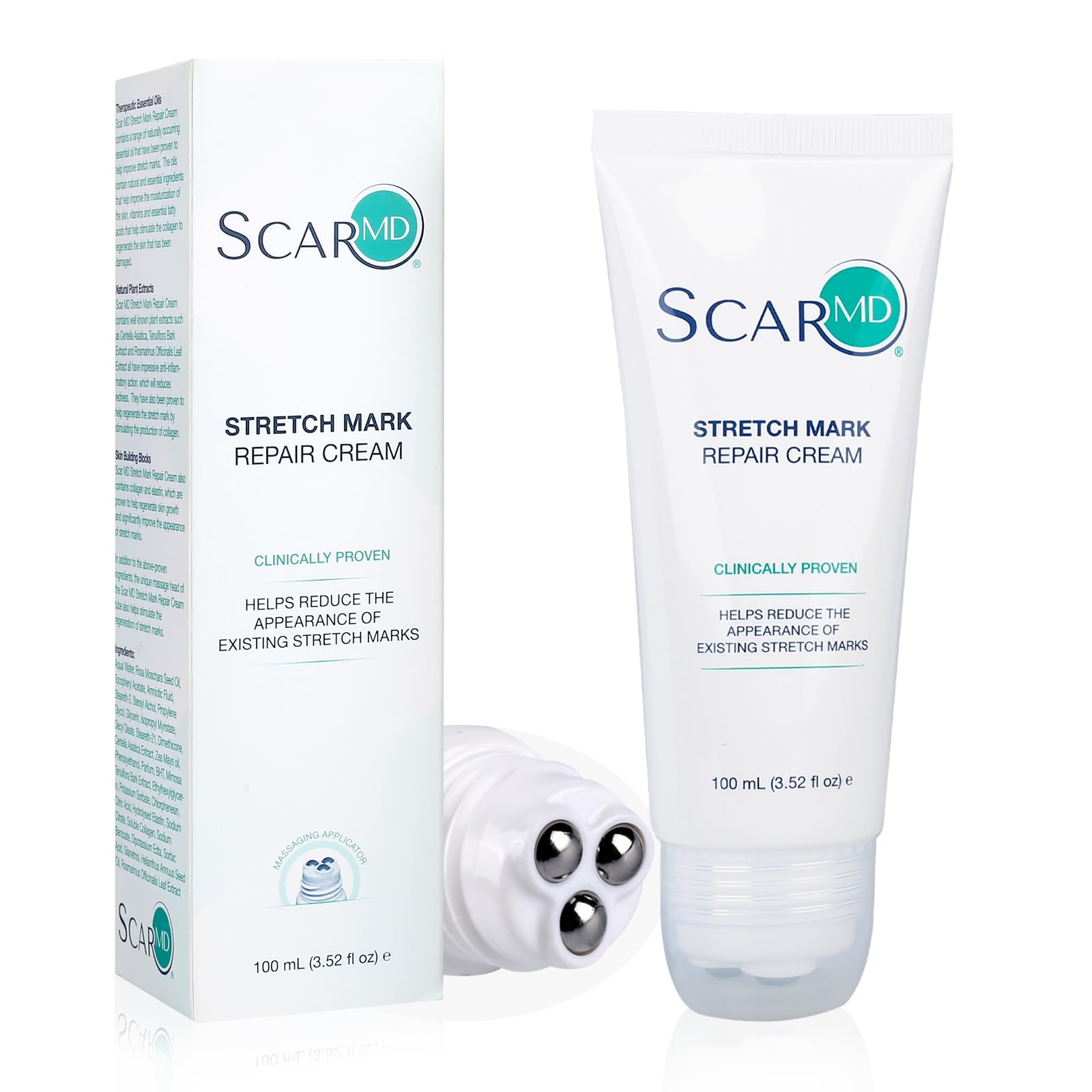 ScarMD Stretch Mark Repair Cream jar shows smooth texture and potential to reduce redness.