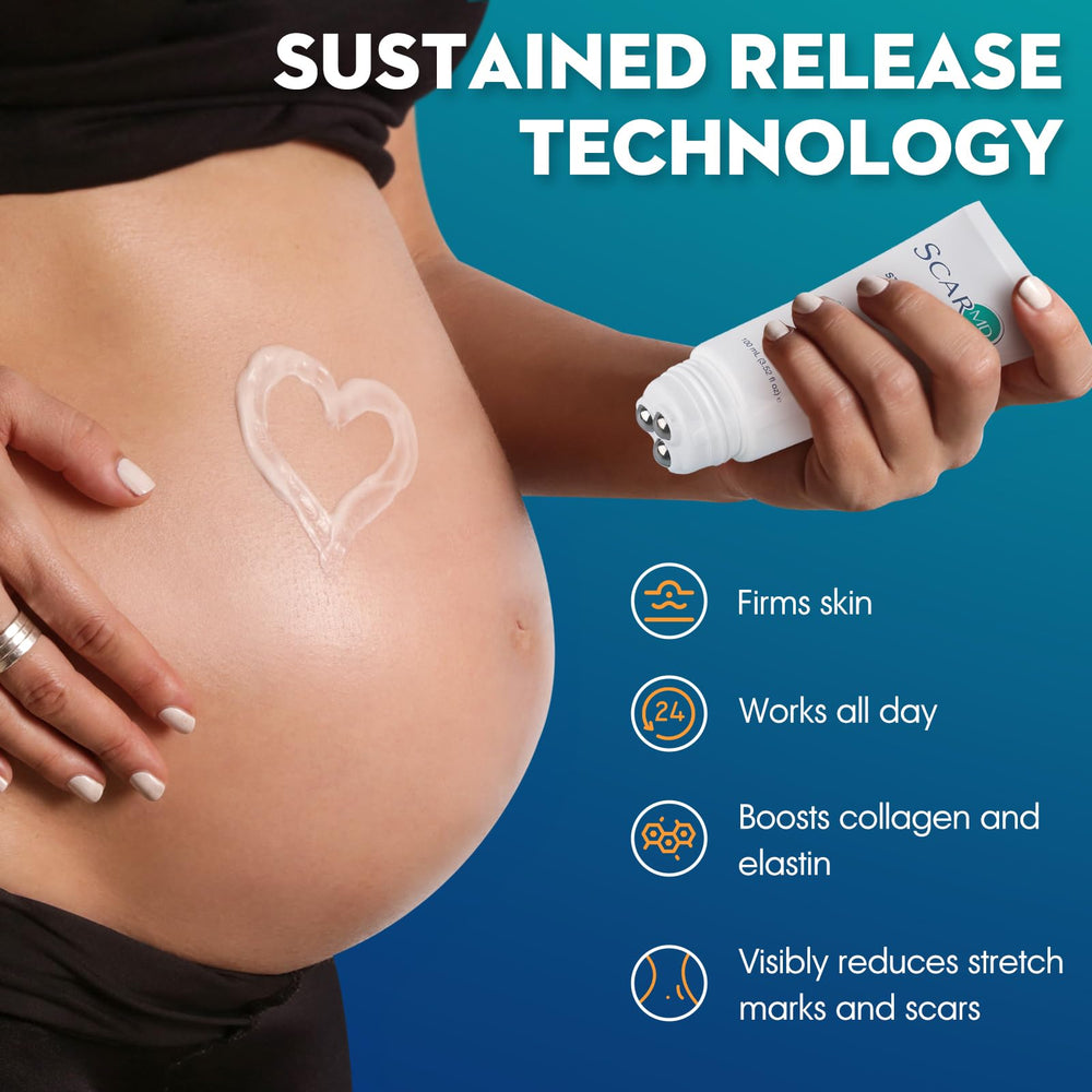 ScarMD Stretch Mark Repair Cream texture closeup suggests smooth application and even tone.