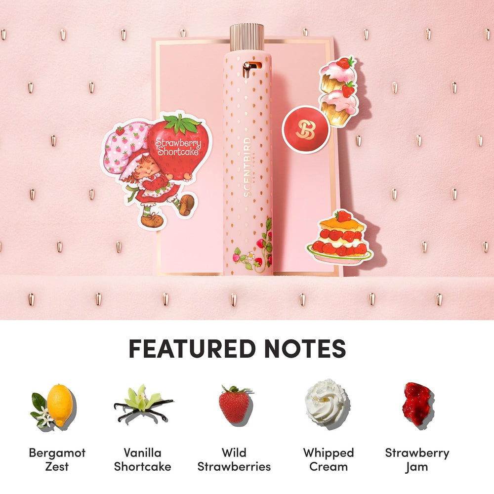 Scentbird Strawberry Shortcake cap and atomizer in sharp focus for refined use.