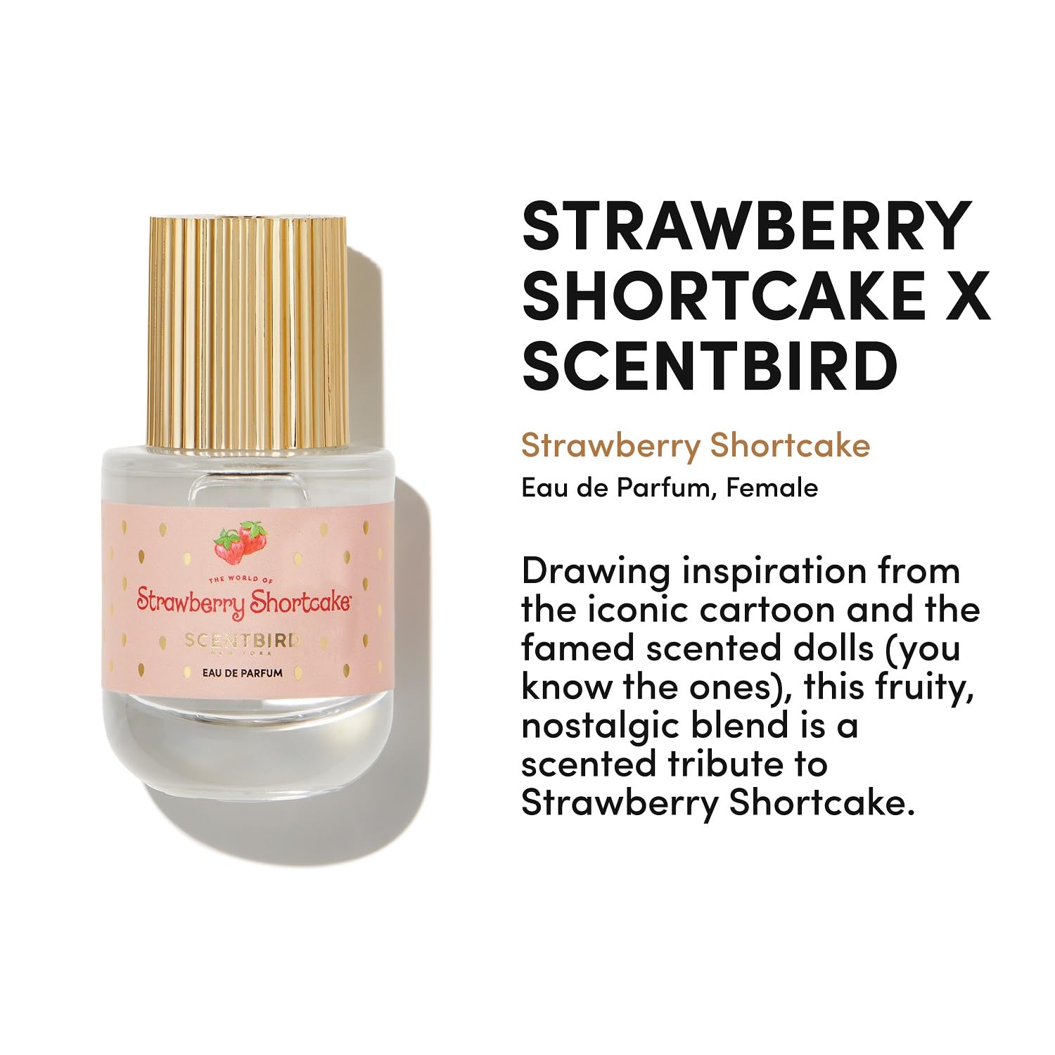 Scentbird Strawberry Shortcake bottle with cap closeup highlighting elegant design.