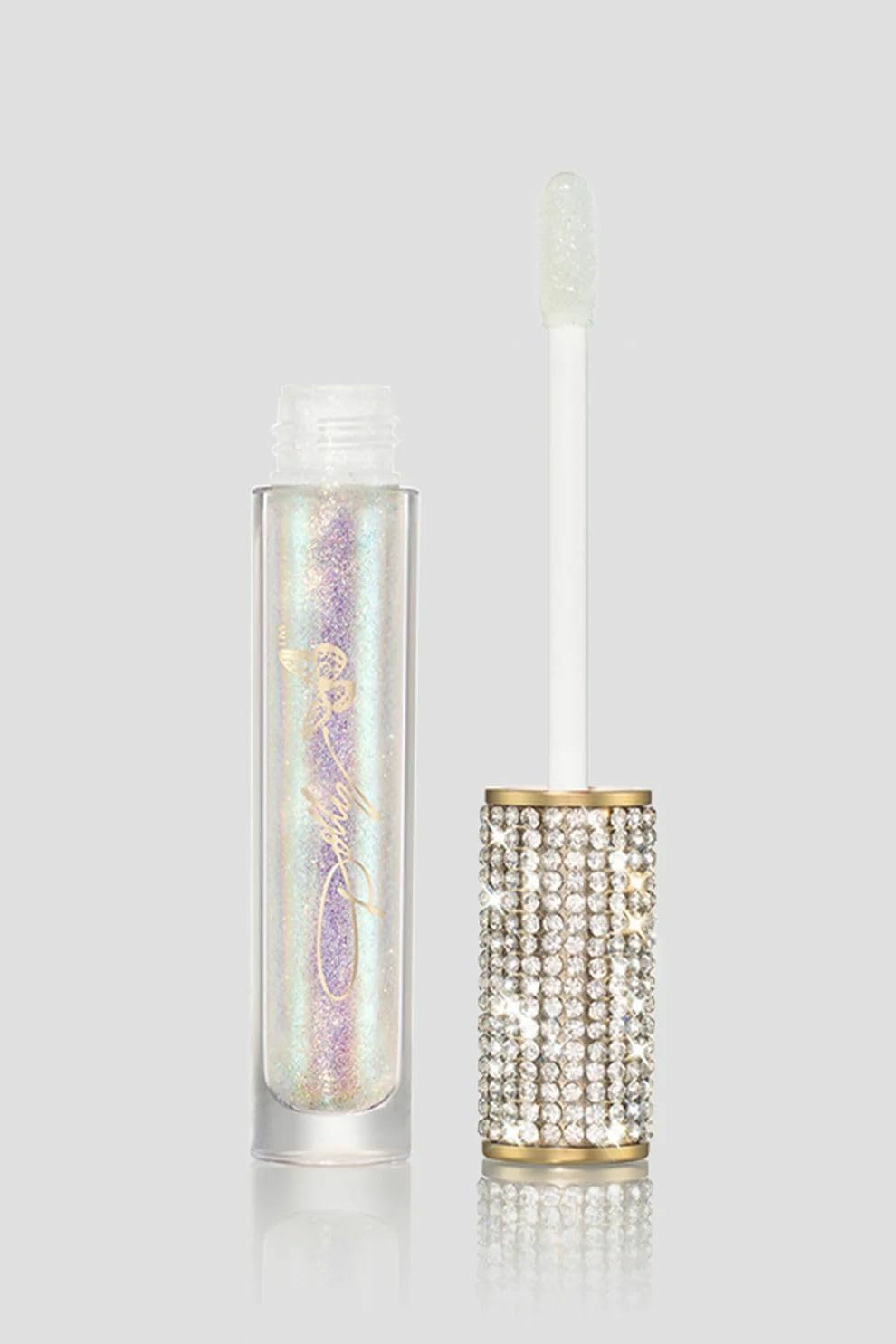 Dolly Beauty Hi-Gloss Lips tube with rhinestones for on-the-go shine.