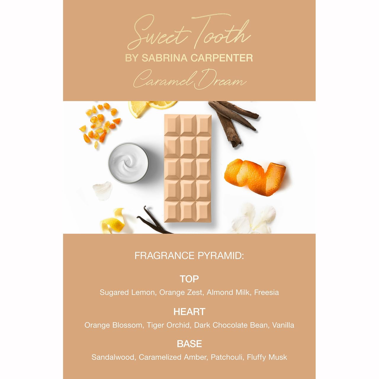 SCENT BEAUTY Sabrina Carpenter Caramel Dream notes evoke chocolate, amber, and citrus allure.