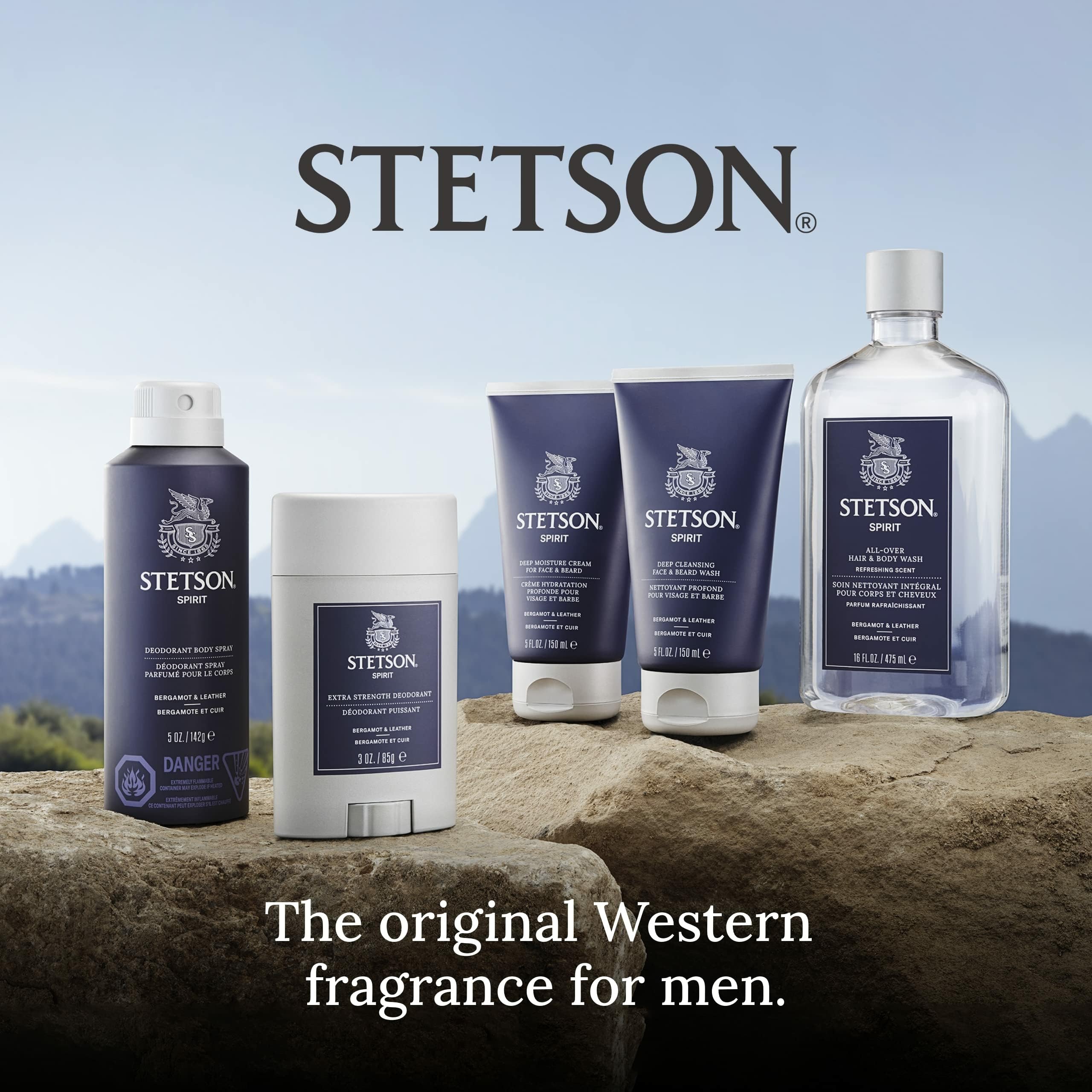 SCENT BEAUTY Stetson counter packaging shot highlights convenient 16 oz bottles.