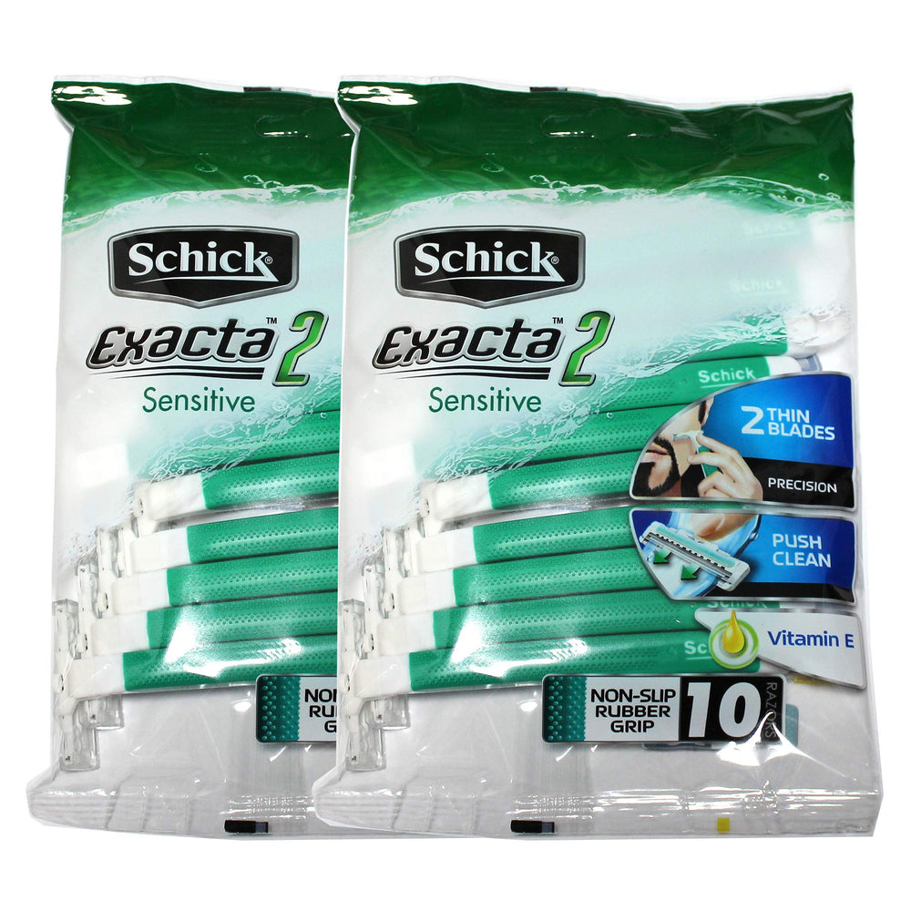 Schick Exacta2 Sensitive razor pack shows two packs for easy replacement and smooth shaving