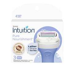 Schick Intuition Pure Nourishment 4-blade head for smooth contour shaving.