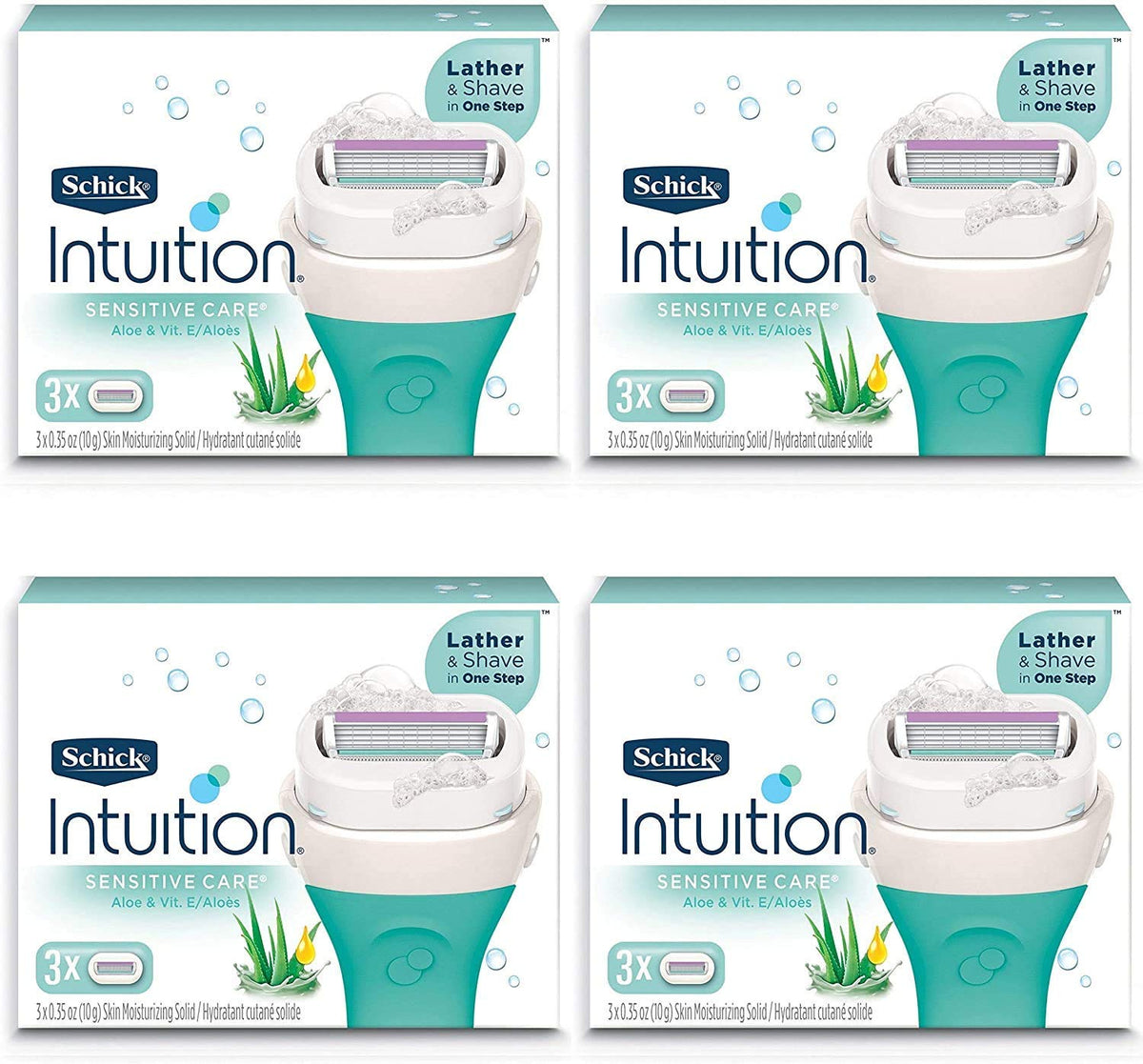 Schick Intuition Pure Nourishment refills on packaging highlighting coconut milk and almond oil for a gentle shave.