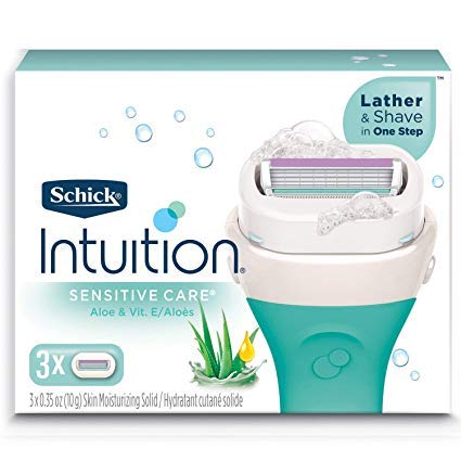 Schick Intuition Sensitive Care refills pack shot highlighting Aloe moisturization for sensitive skin