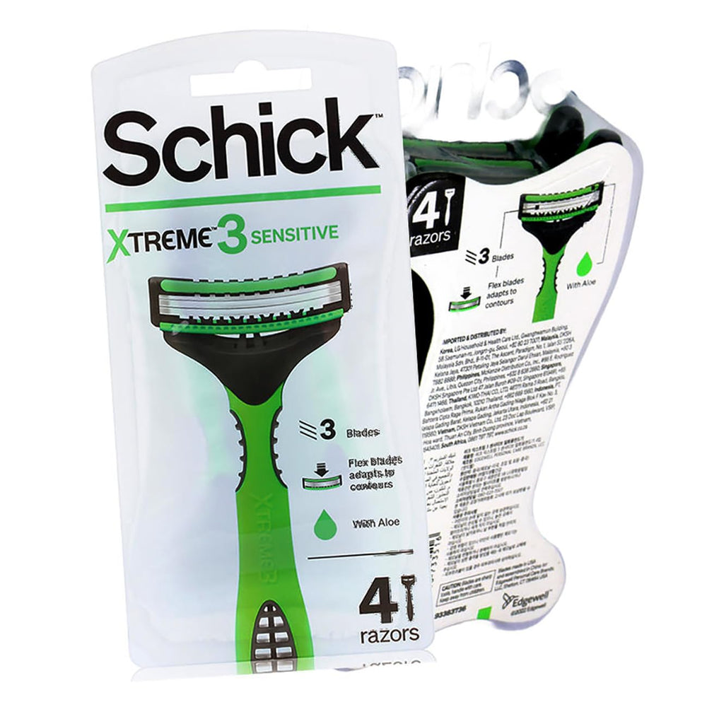 Schick Xtreme3 Sensitive pack shot shows easy daily shave with Aloe