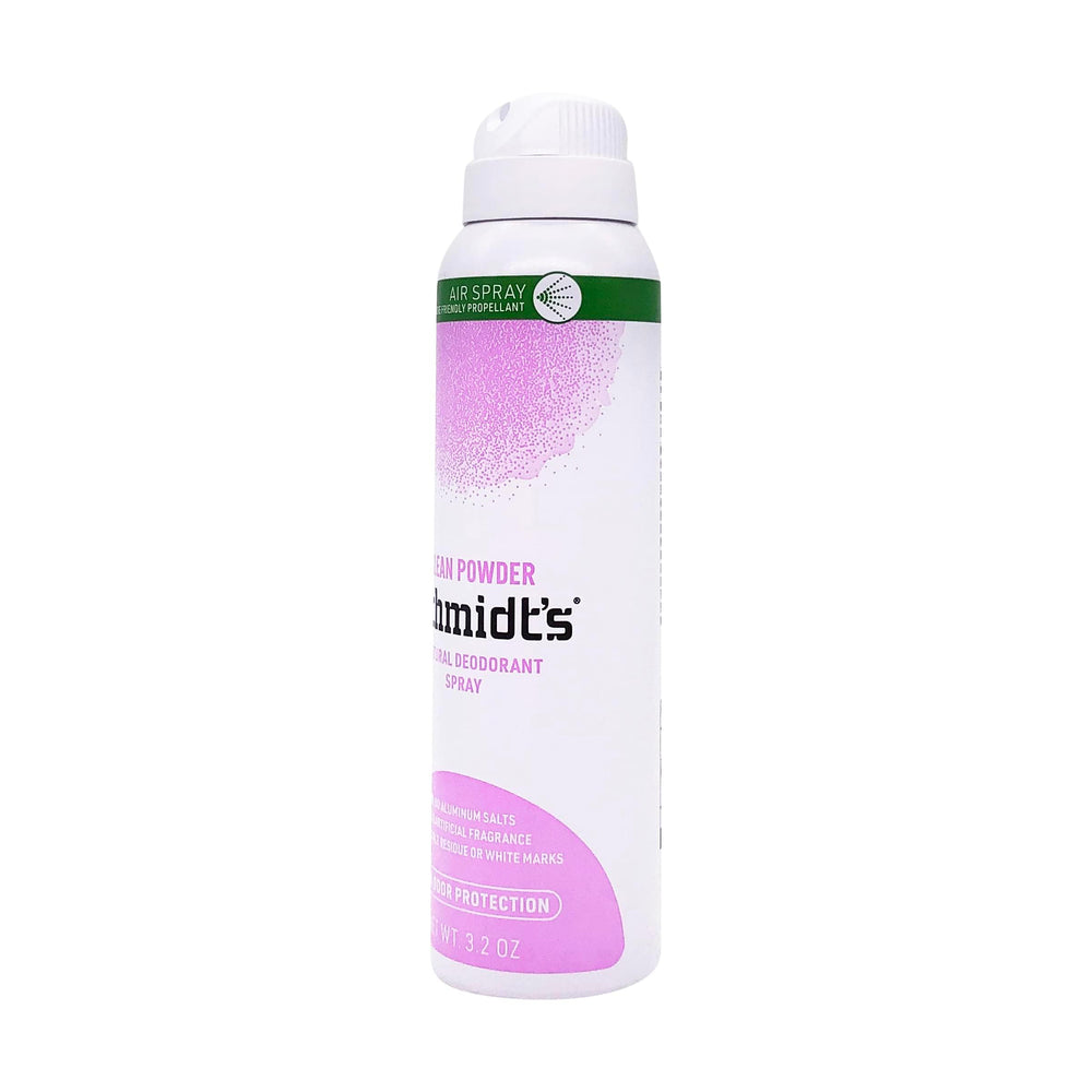 Schmidt's Clean Powder Deodorant spray nozzle close-up showing quick, even application