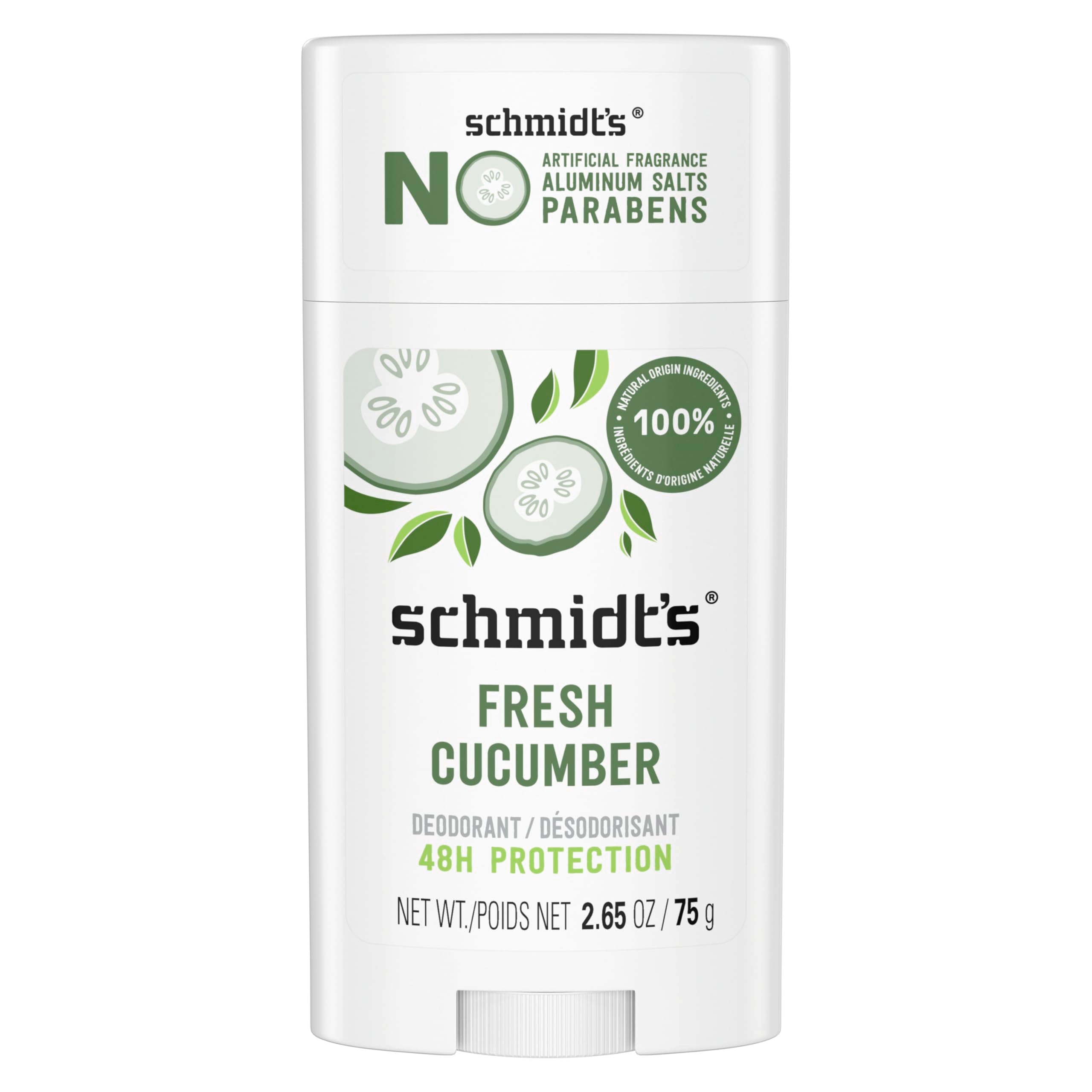 Schmidt's Fresh Cucumber deodorant stick application for all-day odor protection.
