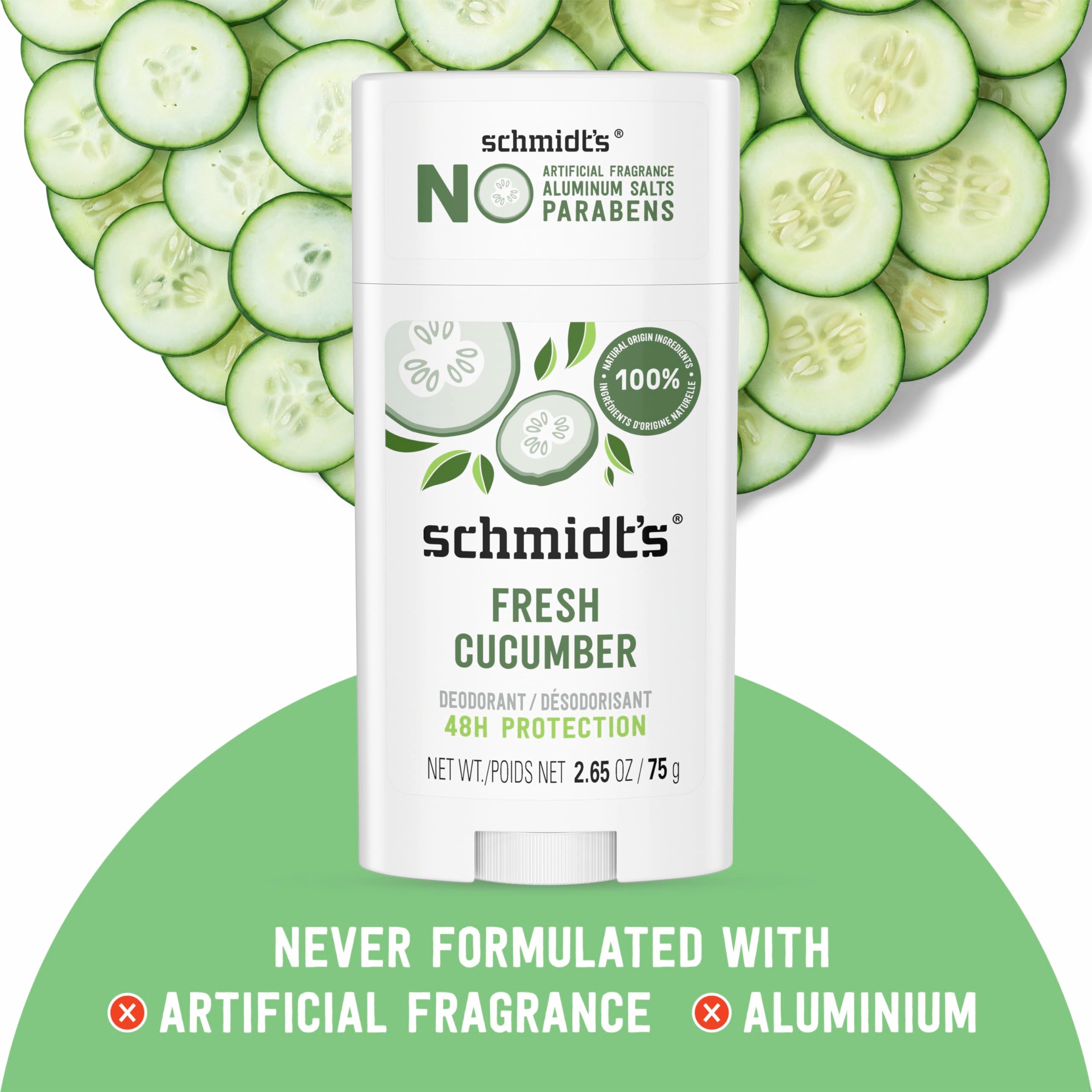 Schmidt's Fresh Cucumber ingredient list featuring magnesium and essential oils.
