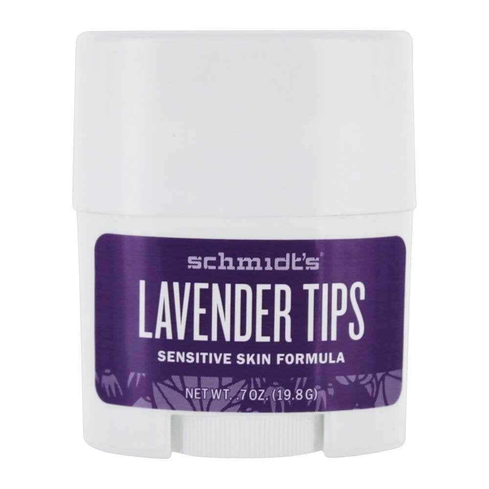 Schmidt's Lavender Tips sensitive skin deodorant stick travel size for on-the-go protection.
