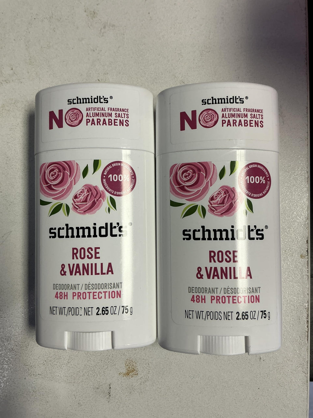 Schmidt's Rose + Vanilla deodorant stick for all-day freshness and odor control.