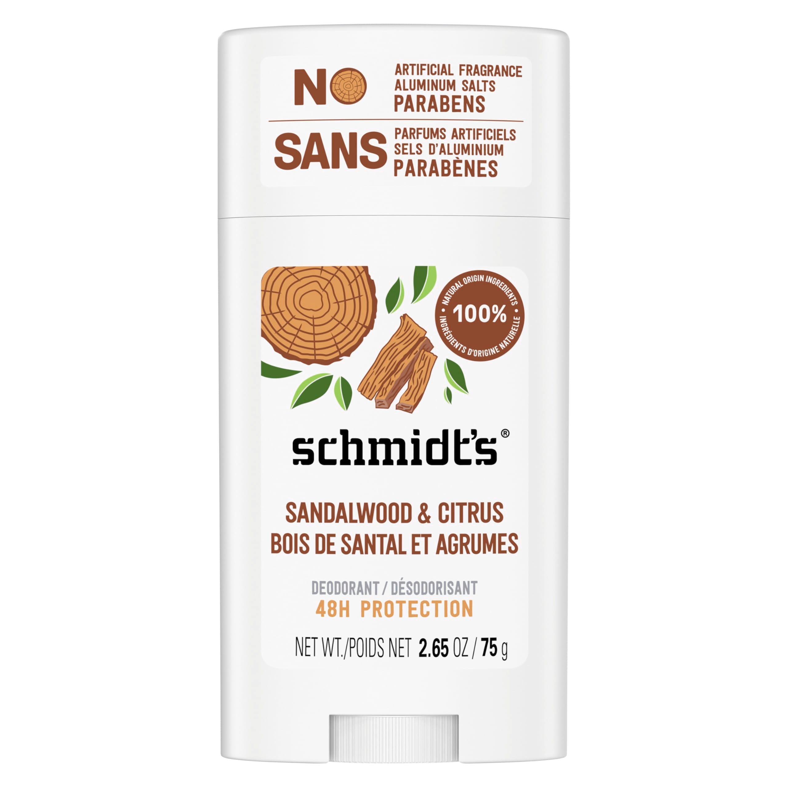 Schmidt's Sandalwood & Citrus deodorant stick for long-lasting underarm freshness.