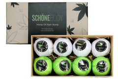 Schone Body 8-pack hemp bath bombs for at-home spa relaxation.
