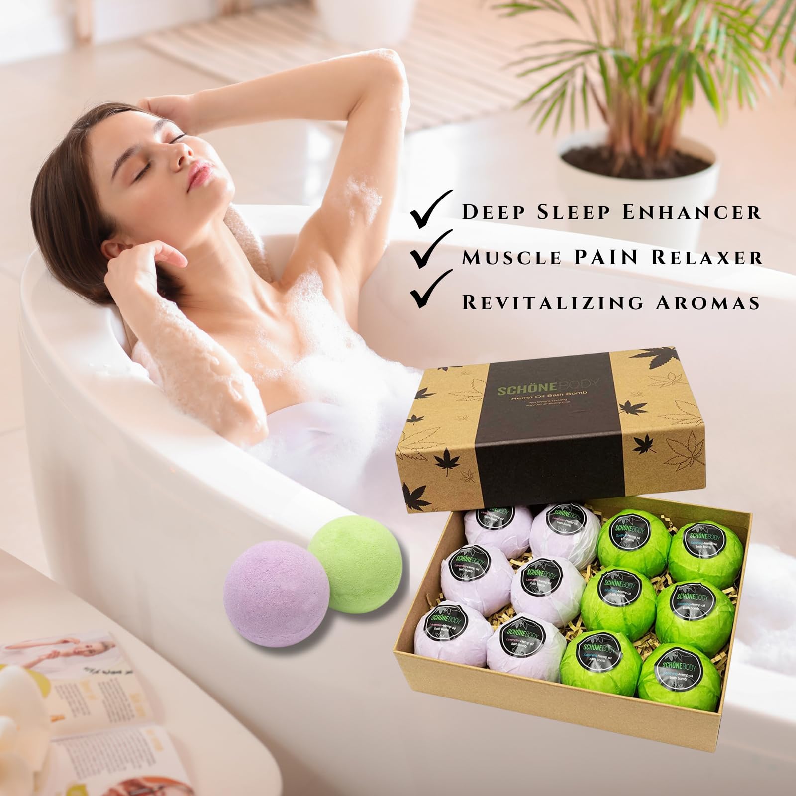 Schone Body eucalyptus lavender bath bomb for calming soak.
