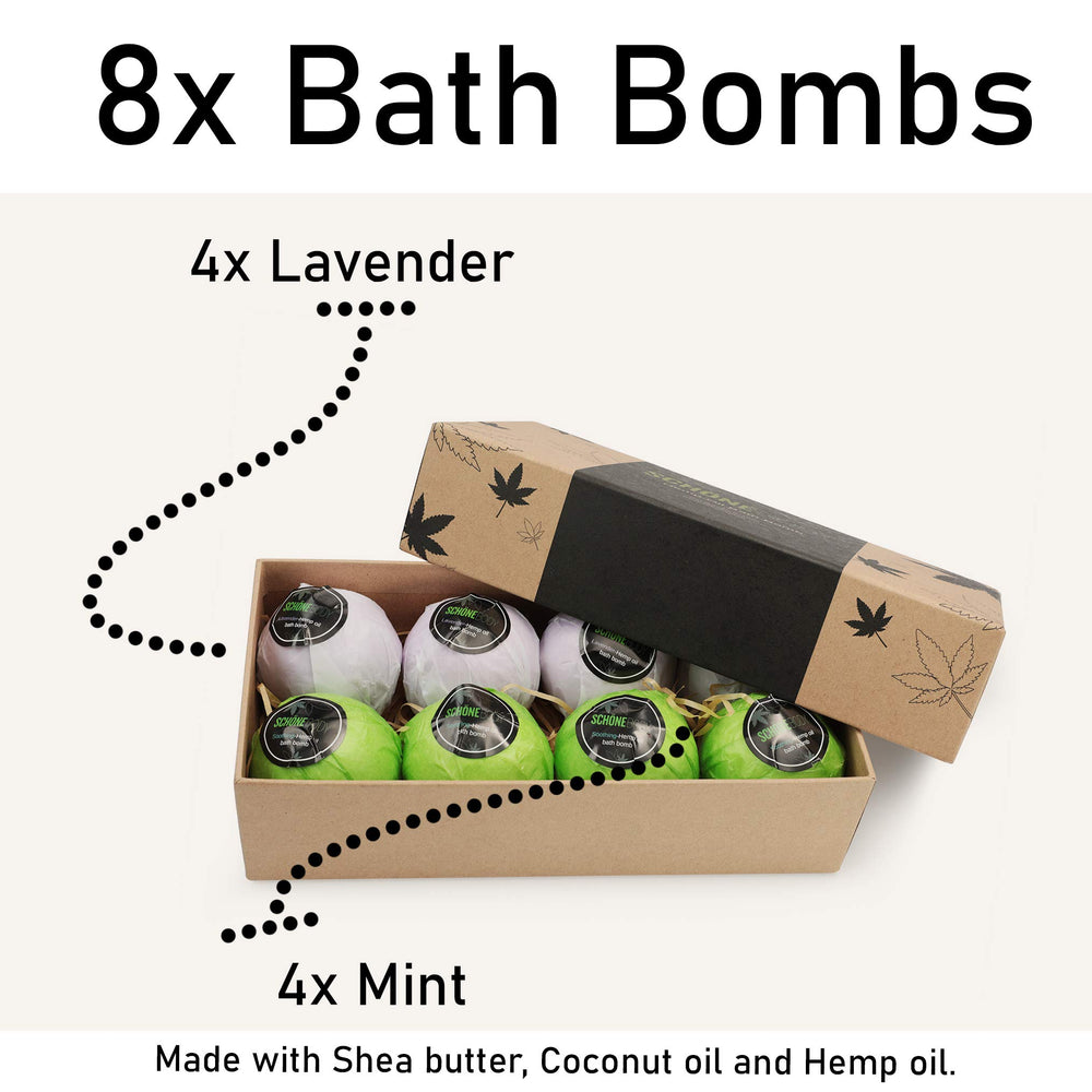 Schone Body lavender bath bomb with hemp for calming scent.