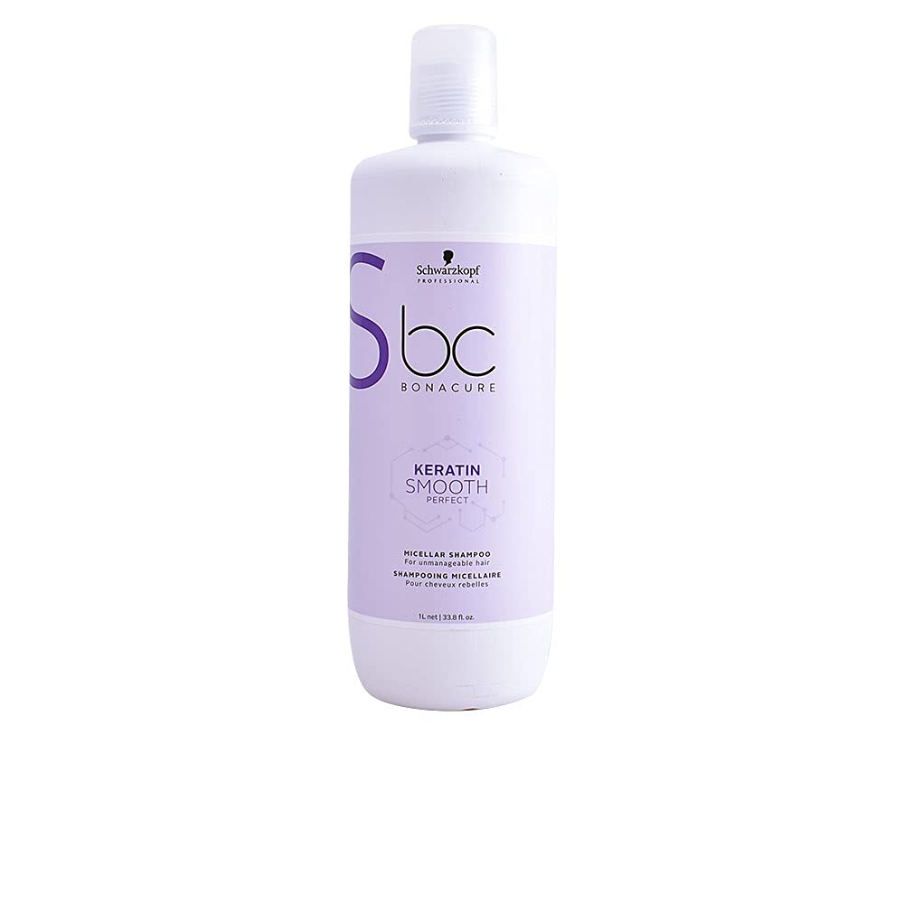 Schwarzkopf BC Bonacure Keratin Smooth Perfect Shampoo bottle provides daily protection and glossy finish.