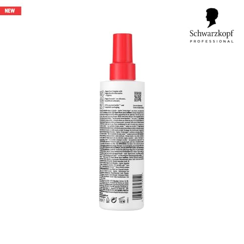Schwarzkopf Bonacure Peptide Repair Rescue Spray appliqué sur cheveux abîmés, revitalisation sans rinçage.