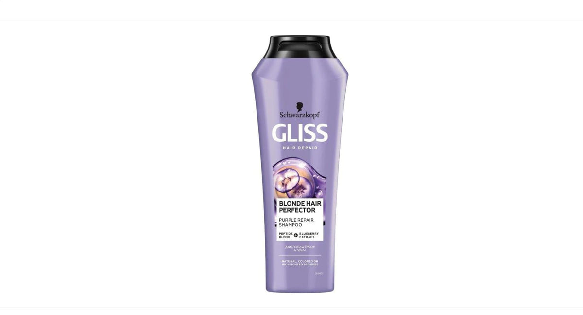 Schwarzkopf Gliss Blonde Hair Perfector shampoo bottle enhances cool tones and color protection.
