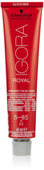Schwarzkopf Igora Royal bottle displaying 5-65 light brown chocolate gold shade with rich depth.