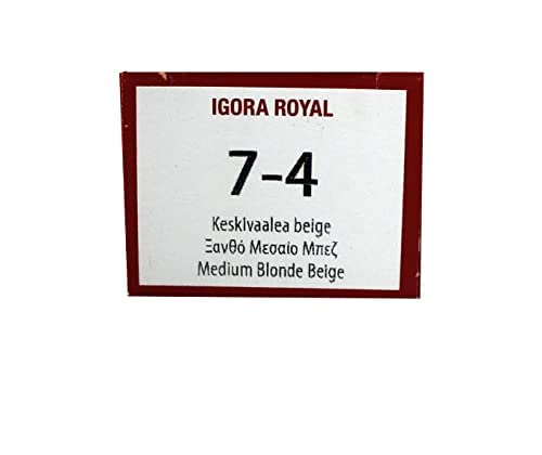 Igora Royal 7-4 color swatches show beige blonde tone for even coverage.
