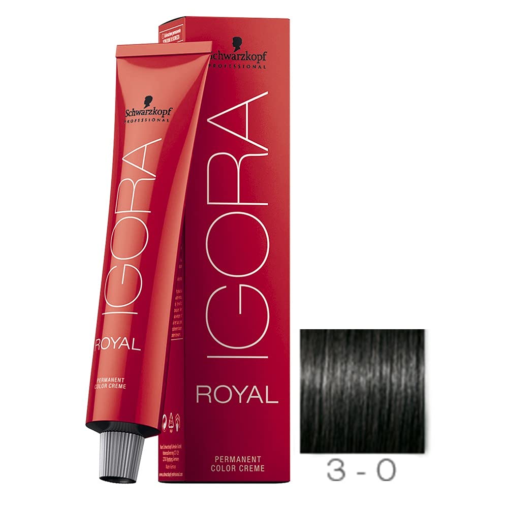 Schwarzkopf Igora Royal color creme 3-0 yields a rich dark brown finish.