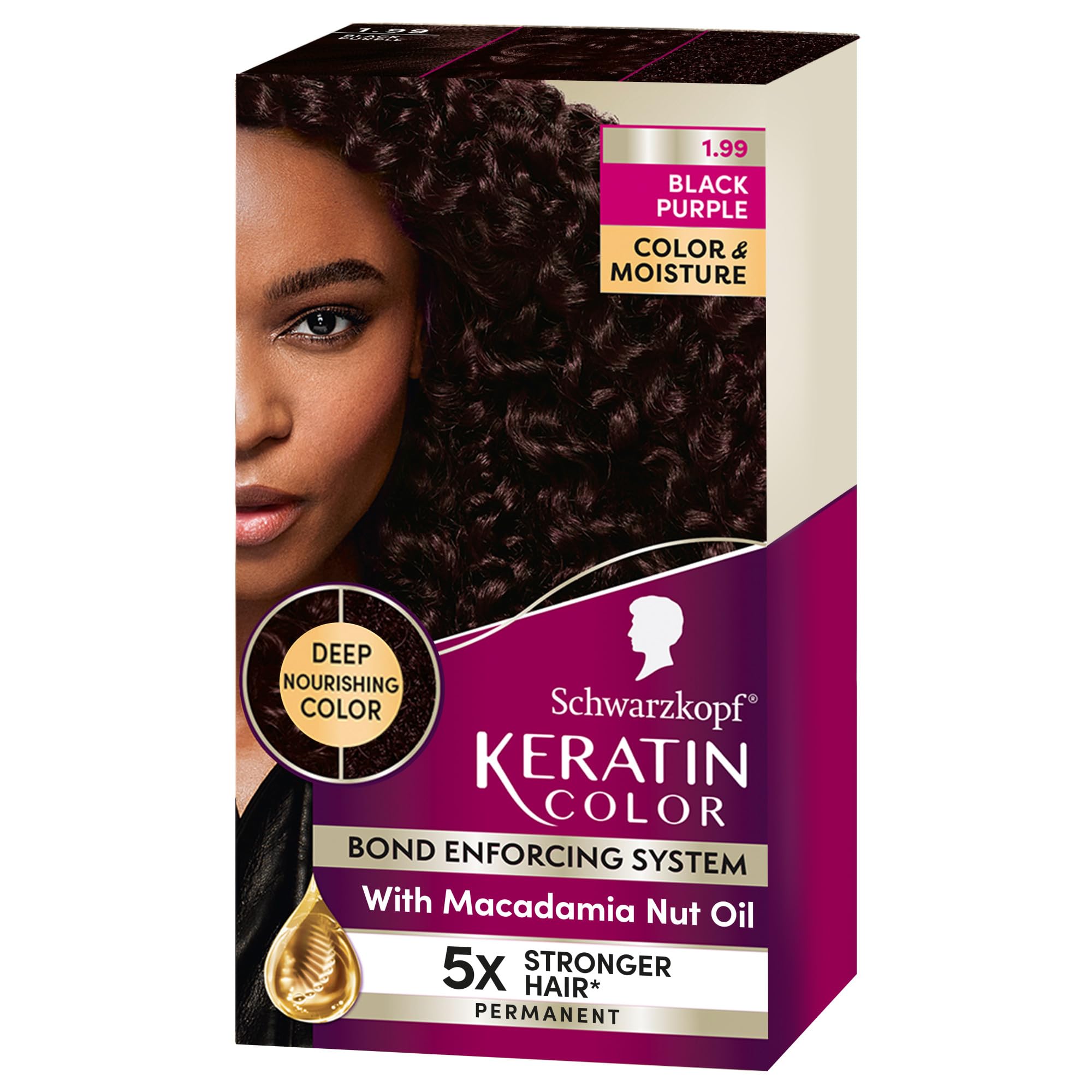 Schwarzkopf Keratin Color 1.99 Black Purple packaging with rich color preview