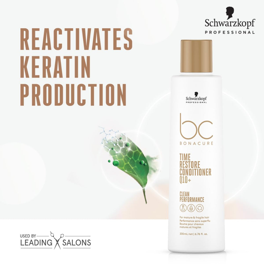 Schwarzkopf Professional BC Bonacure Q10+ Time Restore conditioner bottle highlights Q10+ formula for revitalized feel.
