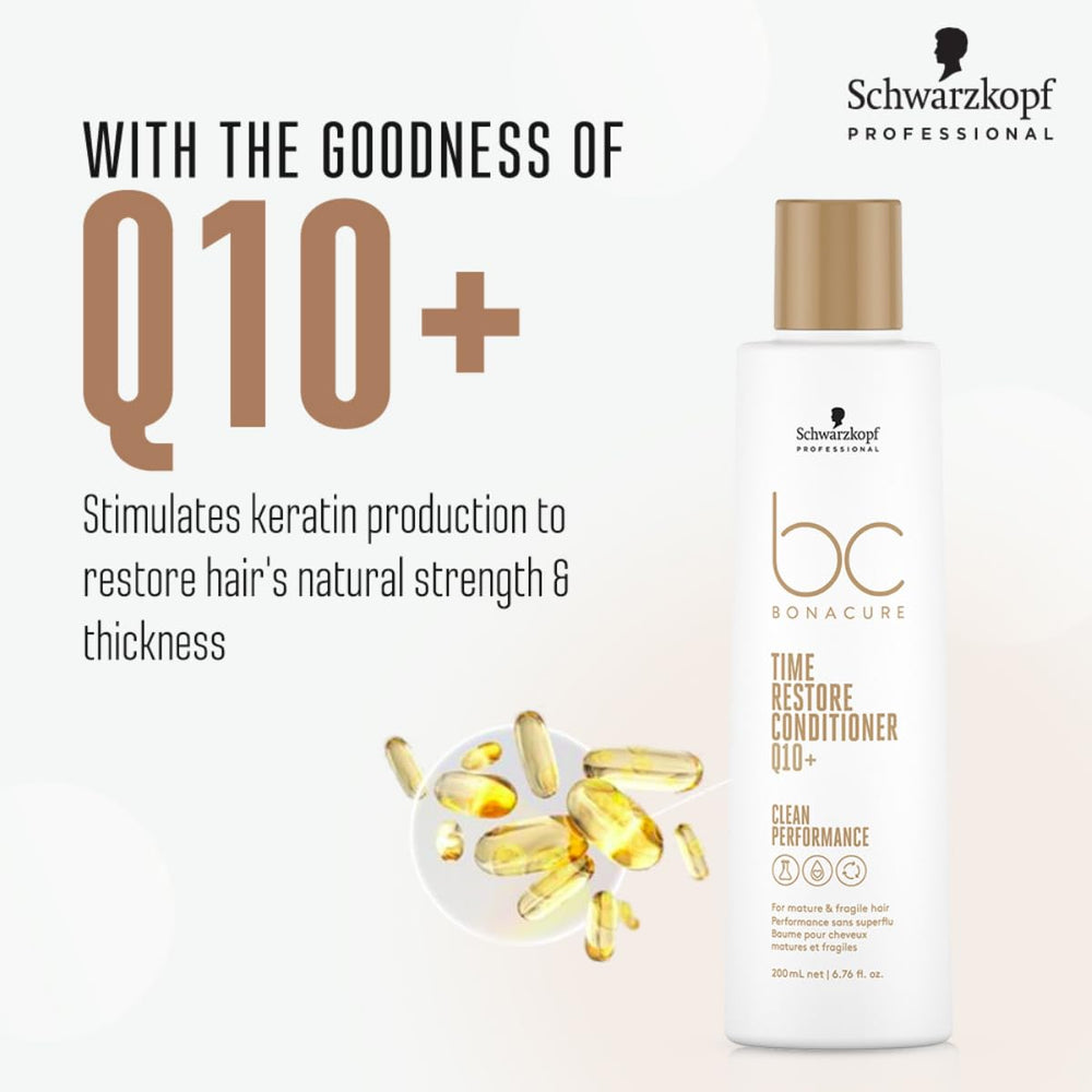 Schwarzkopf Professional BC Bonacure Q10+ Time Restore conditioner packaging on bathroom shelf suggesting premium care.