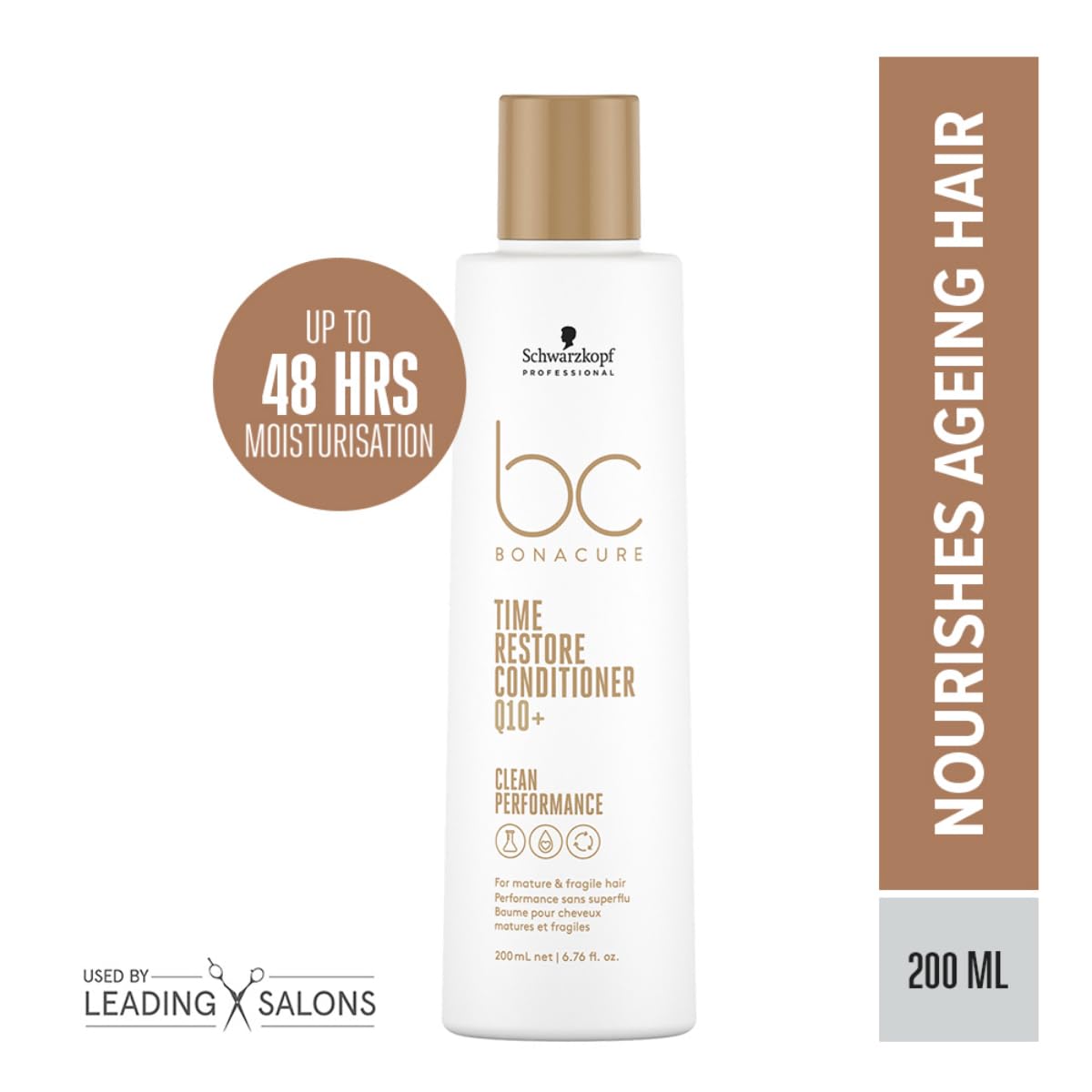Schwarzkopf Professional BC Bonacure Q10+ Time Restore conditioner close-up showing smooth, glossy hair surface.