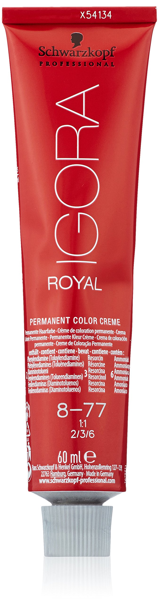 Schwarzkopf ROYAL IGORA 8-77 bottle and box showcase salon-grade color.