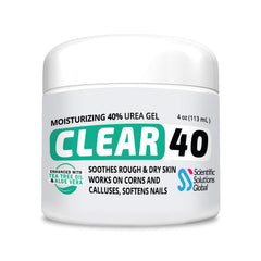 Scientific Solutions Global CLEAR 40% Urea Gel bottle pouring for deep foot hydration.