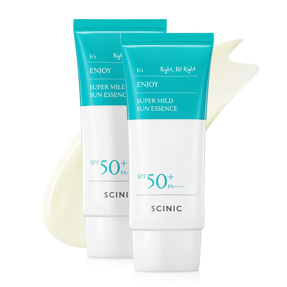 SCINIC Enjoy Super Mild Sun Essence 2 Set bottle front view, lightweight hydration with non-greasy UV protection.