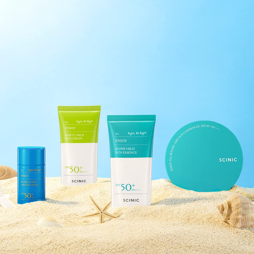 SCINIC Enjoy Super Mild Sun Essence 2 Set close-up bottle cap, premium feel.