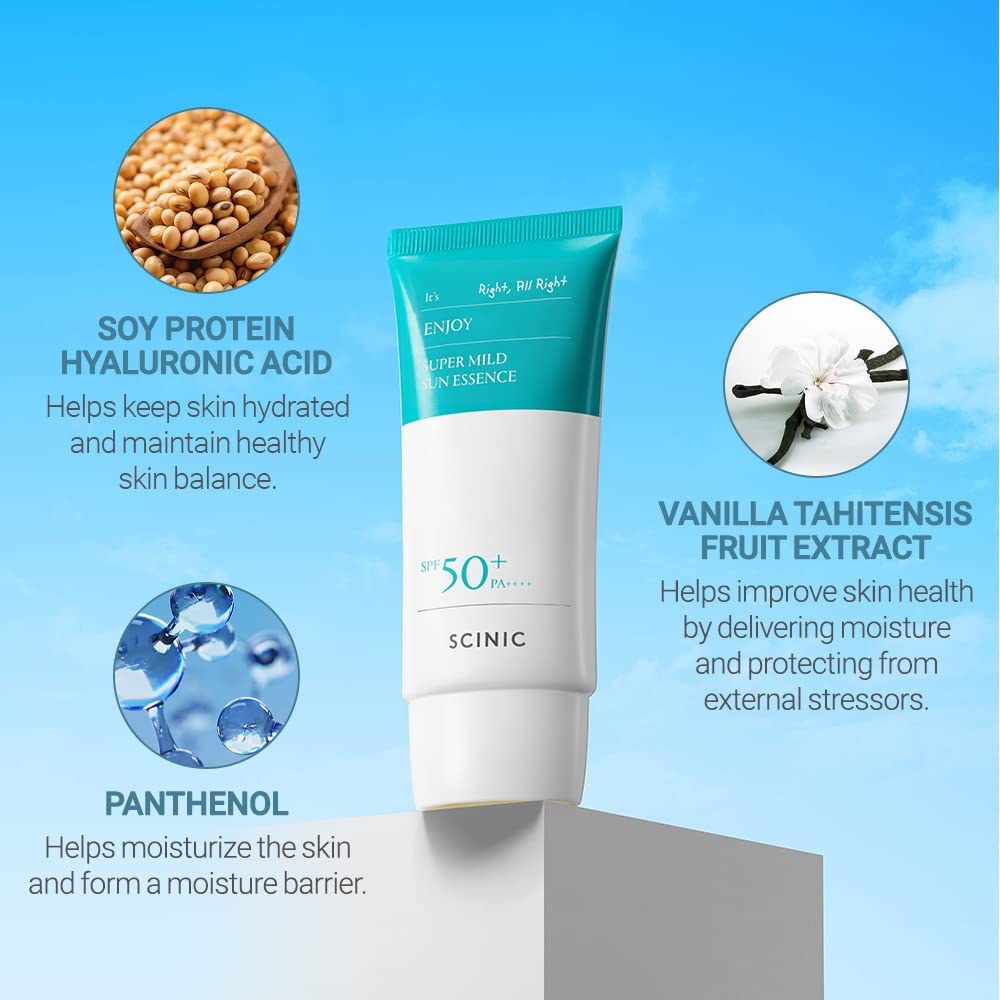 SCINIC Enjoy Super Mild Sun Essence 2 Set ingredients card, hyaluronic acid and soy protein hydration.