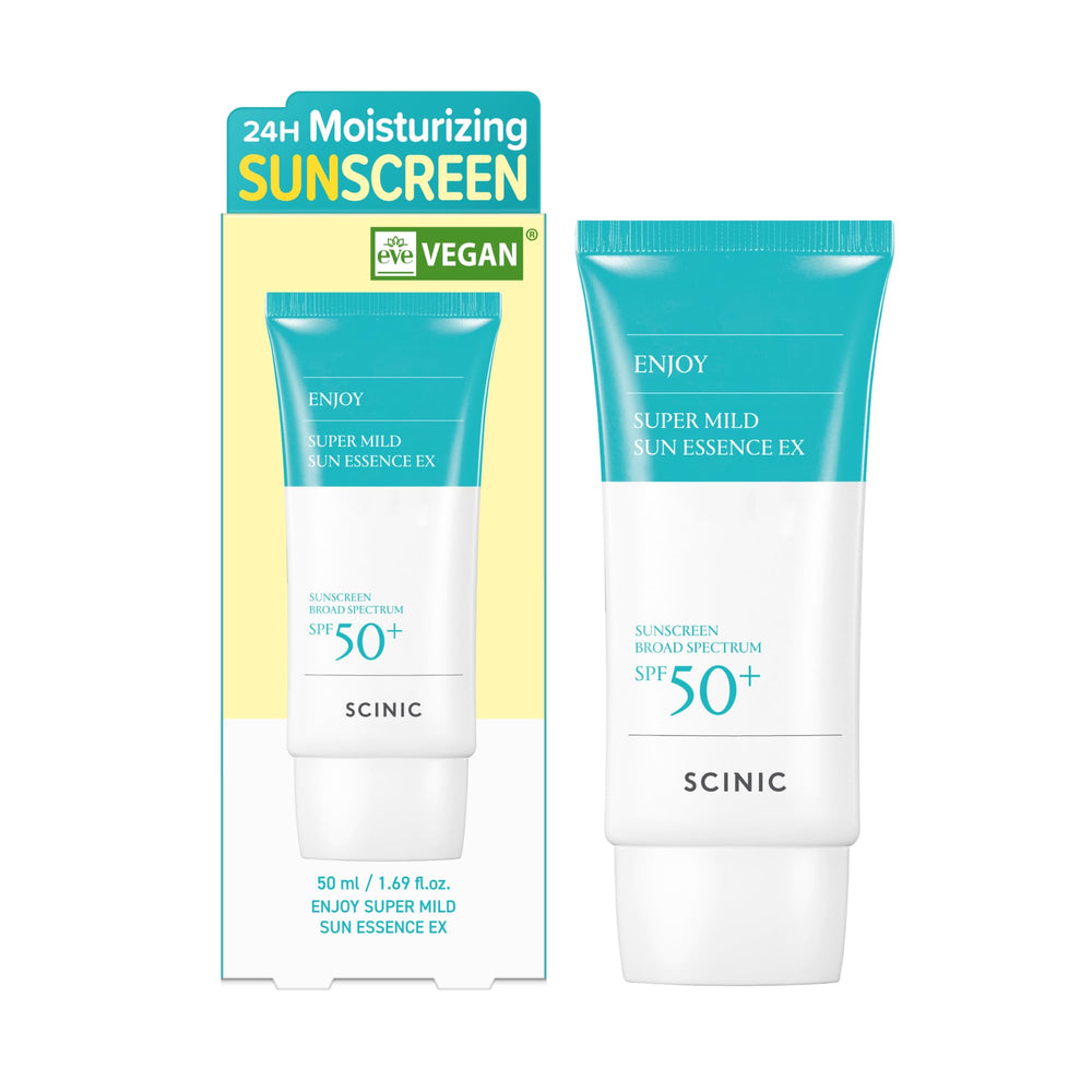 SCINIC Enjoy Super Mild Sun Essence EX bottle for daily SPF protection and hydration.