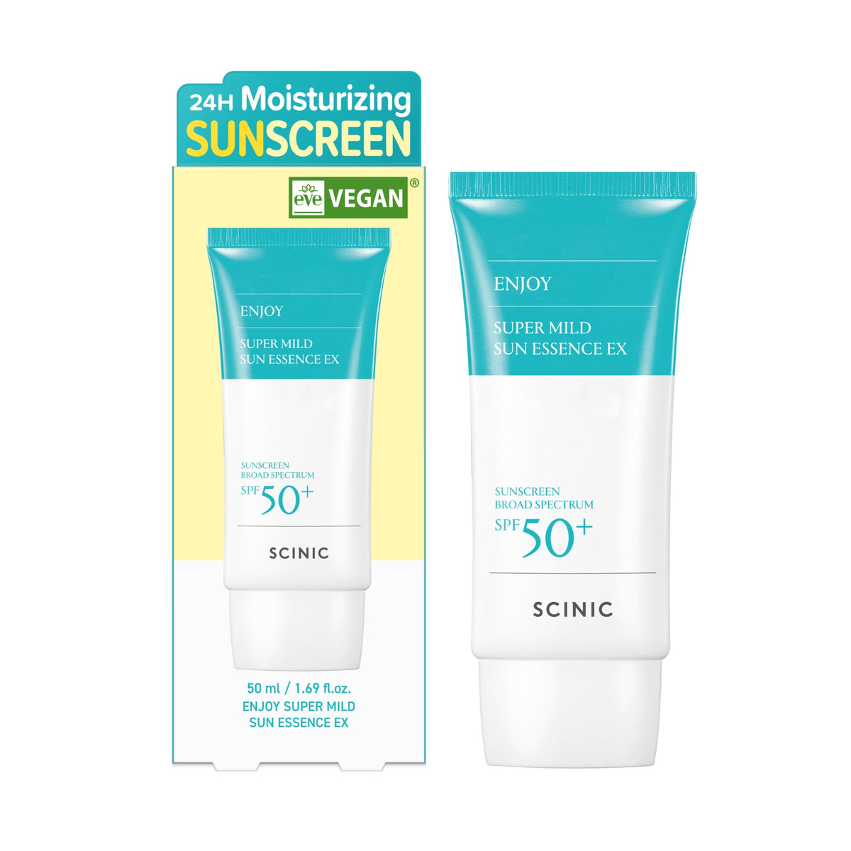 SCINIC Enjoy Super Mild Sun Essence EX bottle for daily SPF protection and hydration.