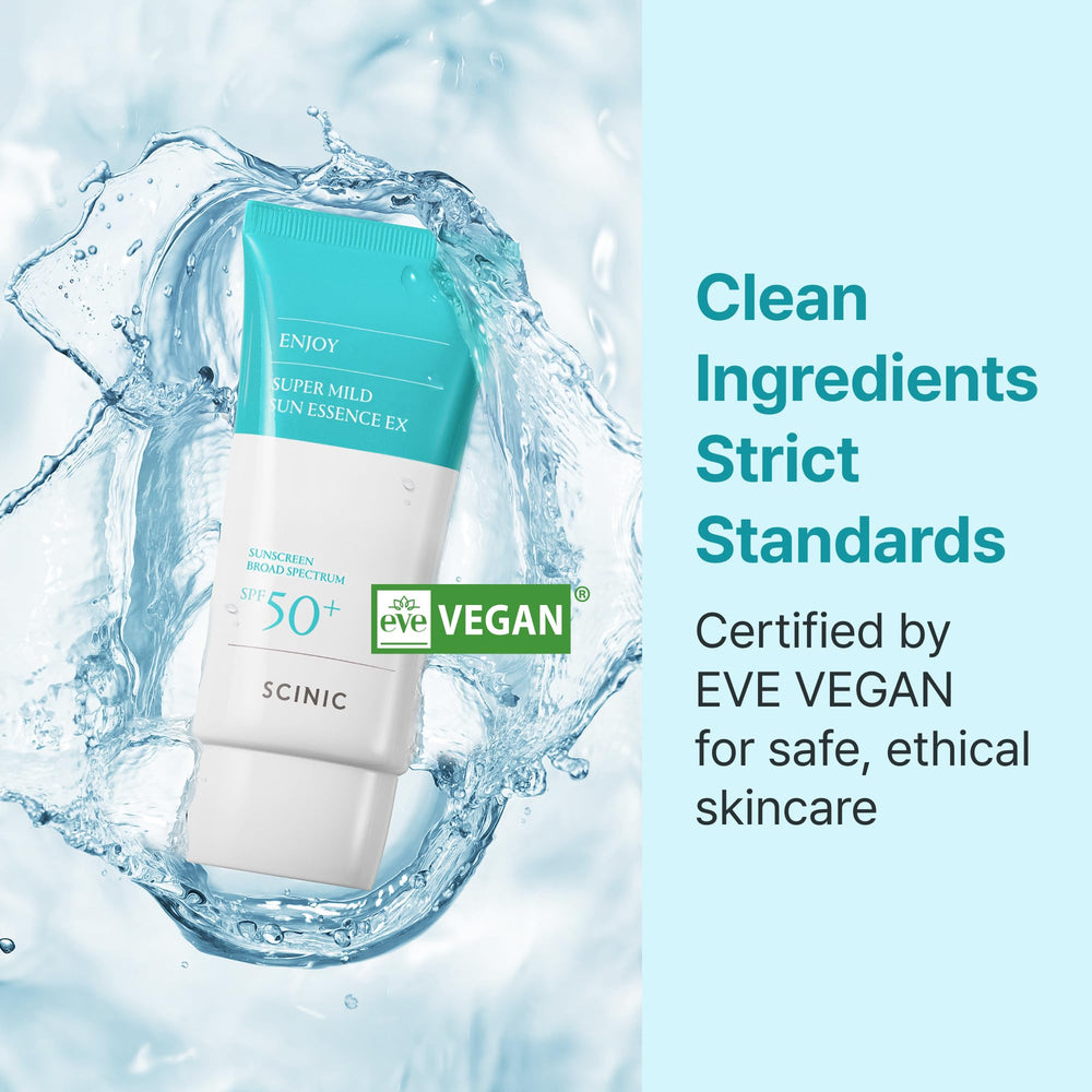 Vegan-certified clean beauty badge beside SCINIC sun essence EX.