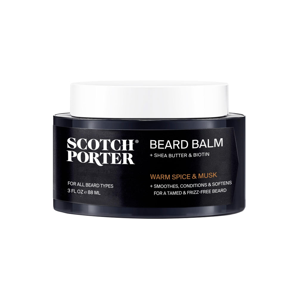 The Scotch Porter Conditioning Beard Balm jar ready for easy beard conditioning and shine.