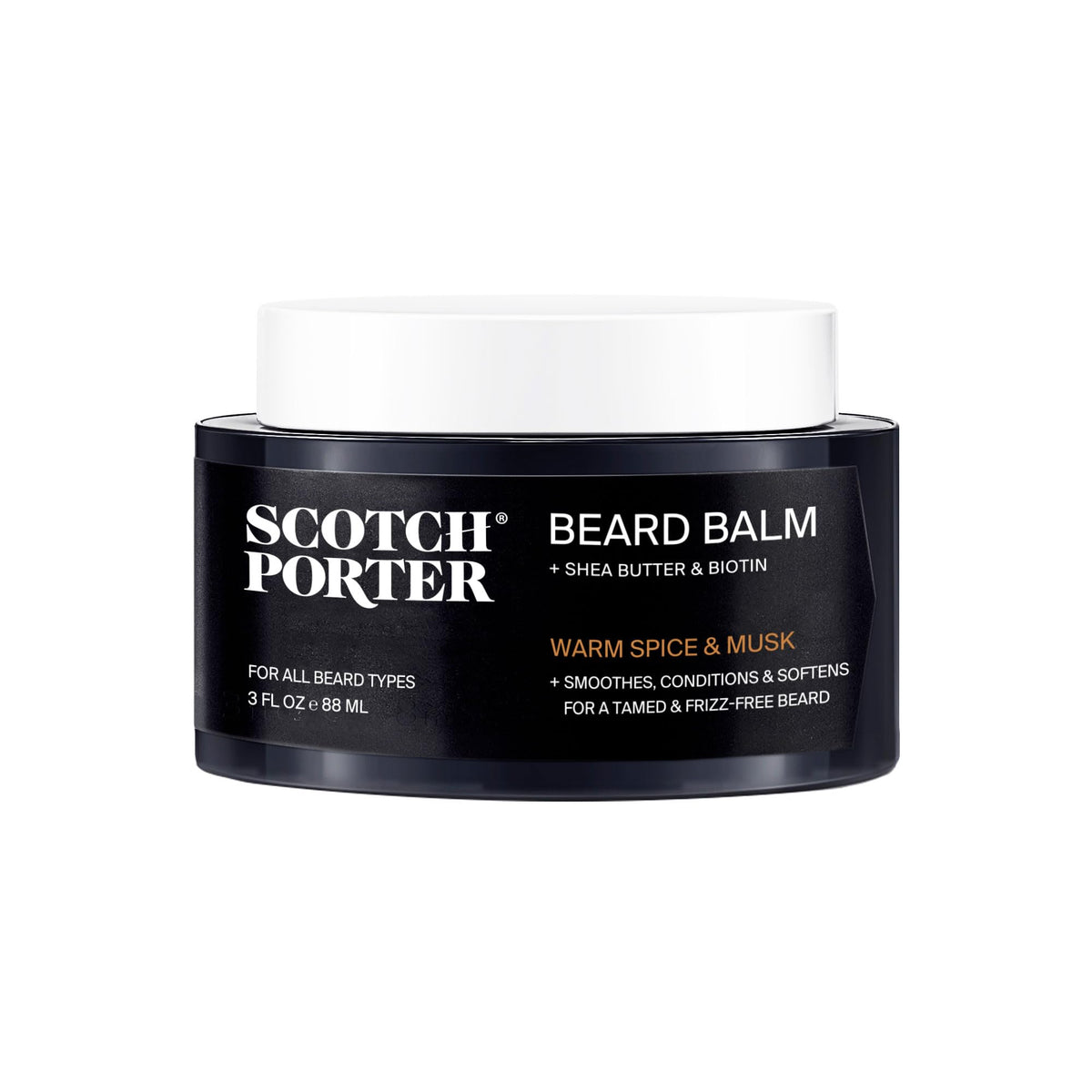 The Scotch Porter Conditioning Beard Balm jar ready for easy beard conditioning and shine.