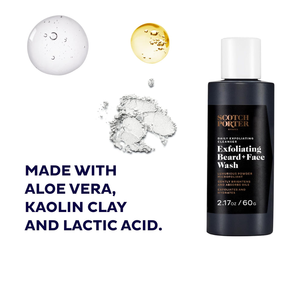 Powder-to-foam action shown for a smooth beard and face cleanse