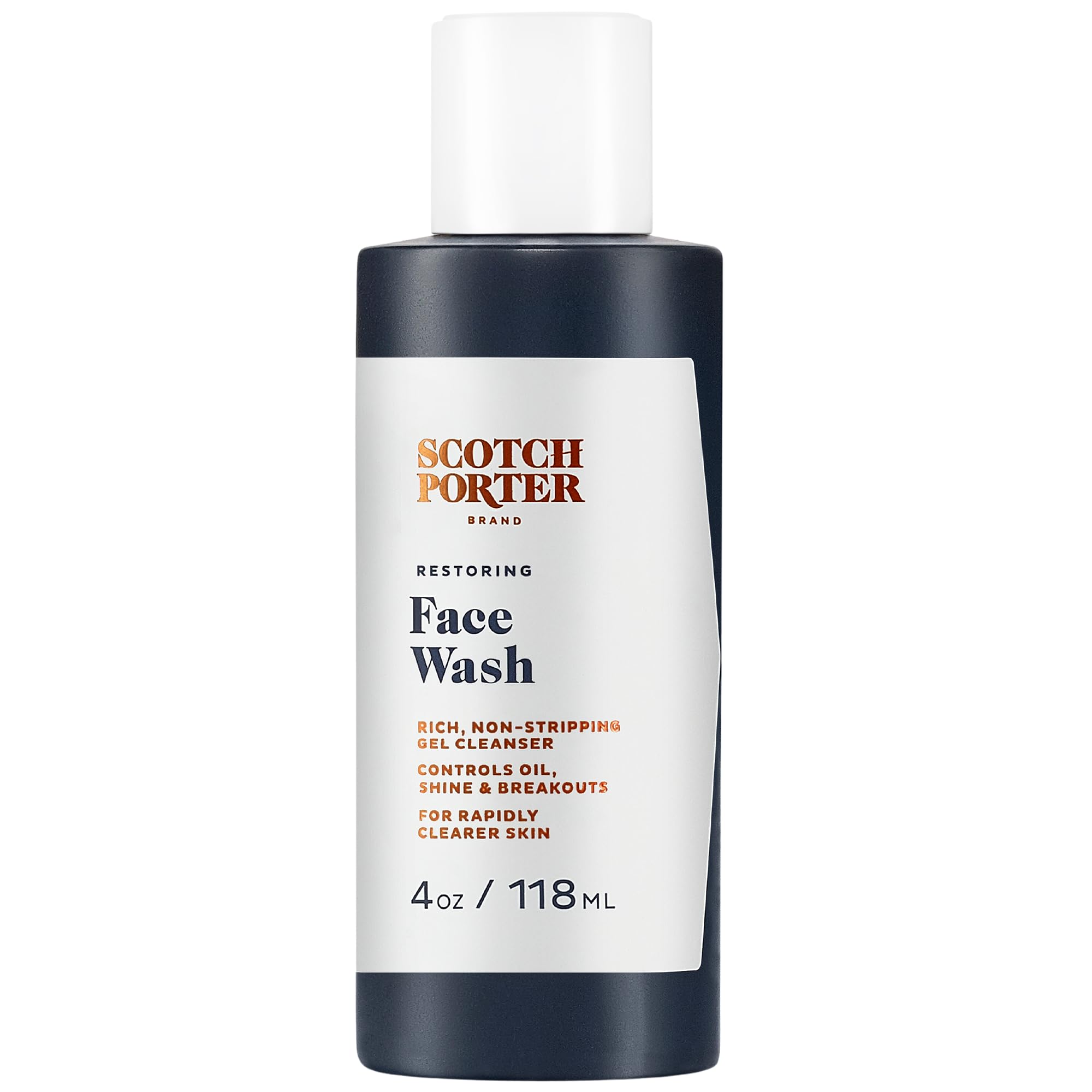 Scotch Porter Restoring Face Wash bottle close-up showing gentle foaming cleanse