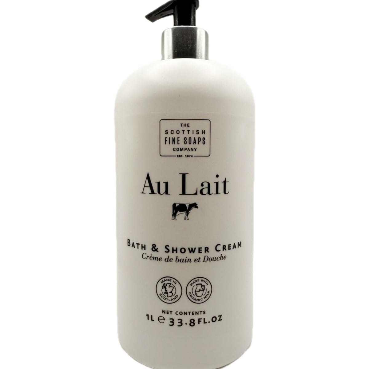Scottish Fine Soaps Au Lait bath cream bottle - premium cleansing with organic milk for pampering skin