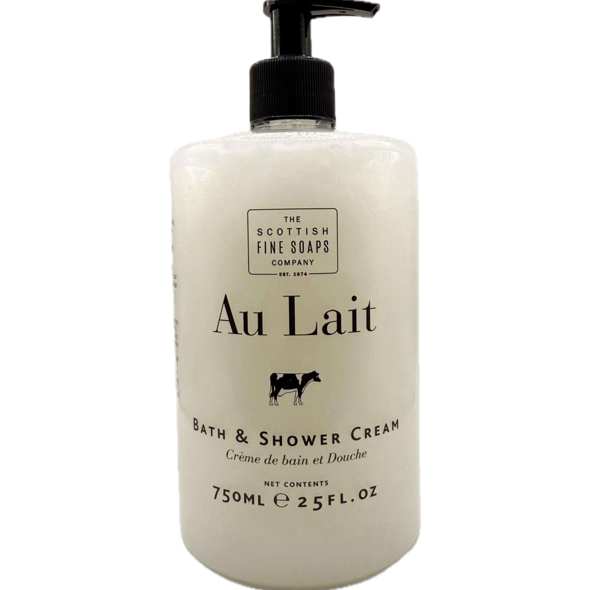 Scottish Fine Soaps Au Lait bath cream bottle with pump, premium packaging.