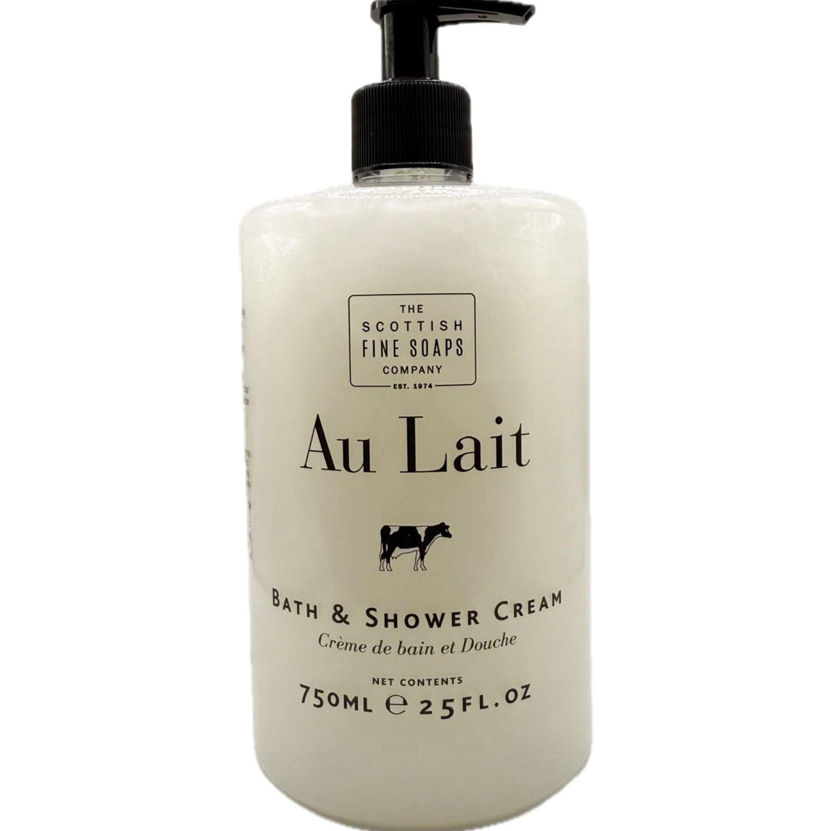 Scottish Fine Soaps Au Lait bath cream bottle with pump, premium packaging.