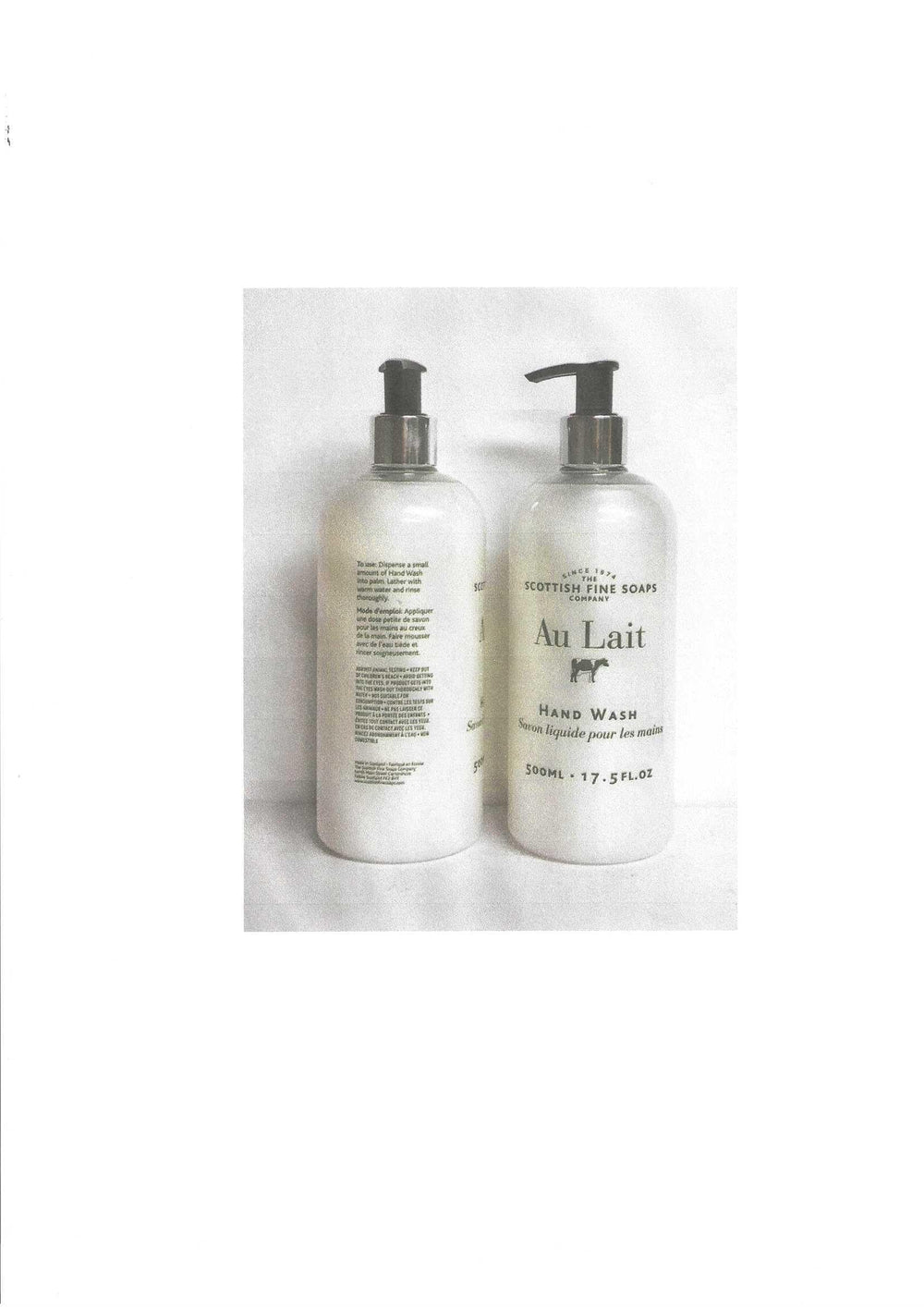 Scottish Fine Soaps Au Lait bottle-pour captures smooth pour and soothing aroma during use.