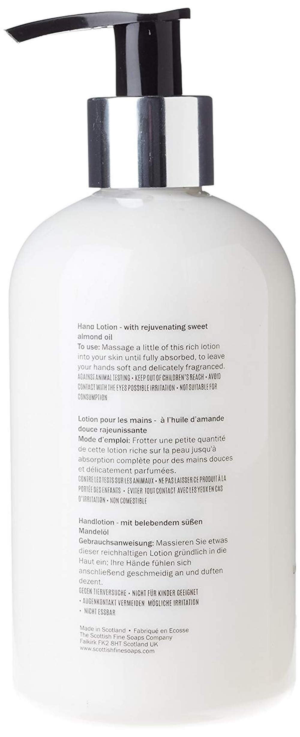 Scottish Fine Soaps Au Lait Hand Lotion close-up, rich texture ideal for moisturized hands.