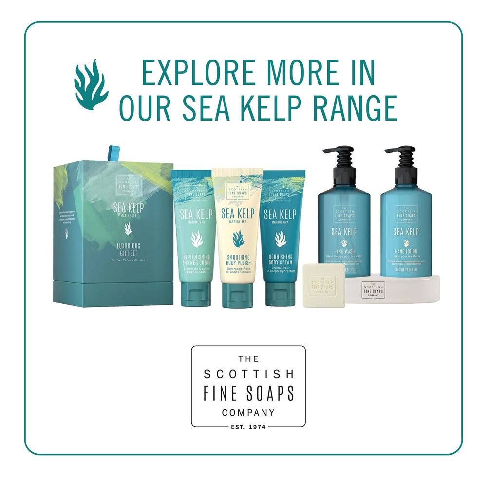 Store display featuring Scottish Fine Soaps Sea Kelp Marine Body Wash.